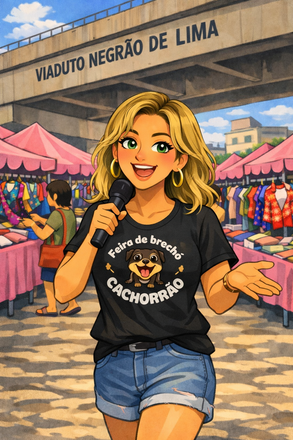 Arte de divulgação da Feira de Brechó Cachorrão com a camiseta oficial do mascote