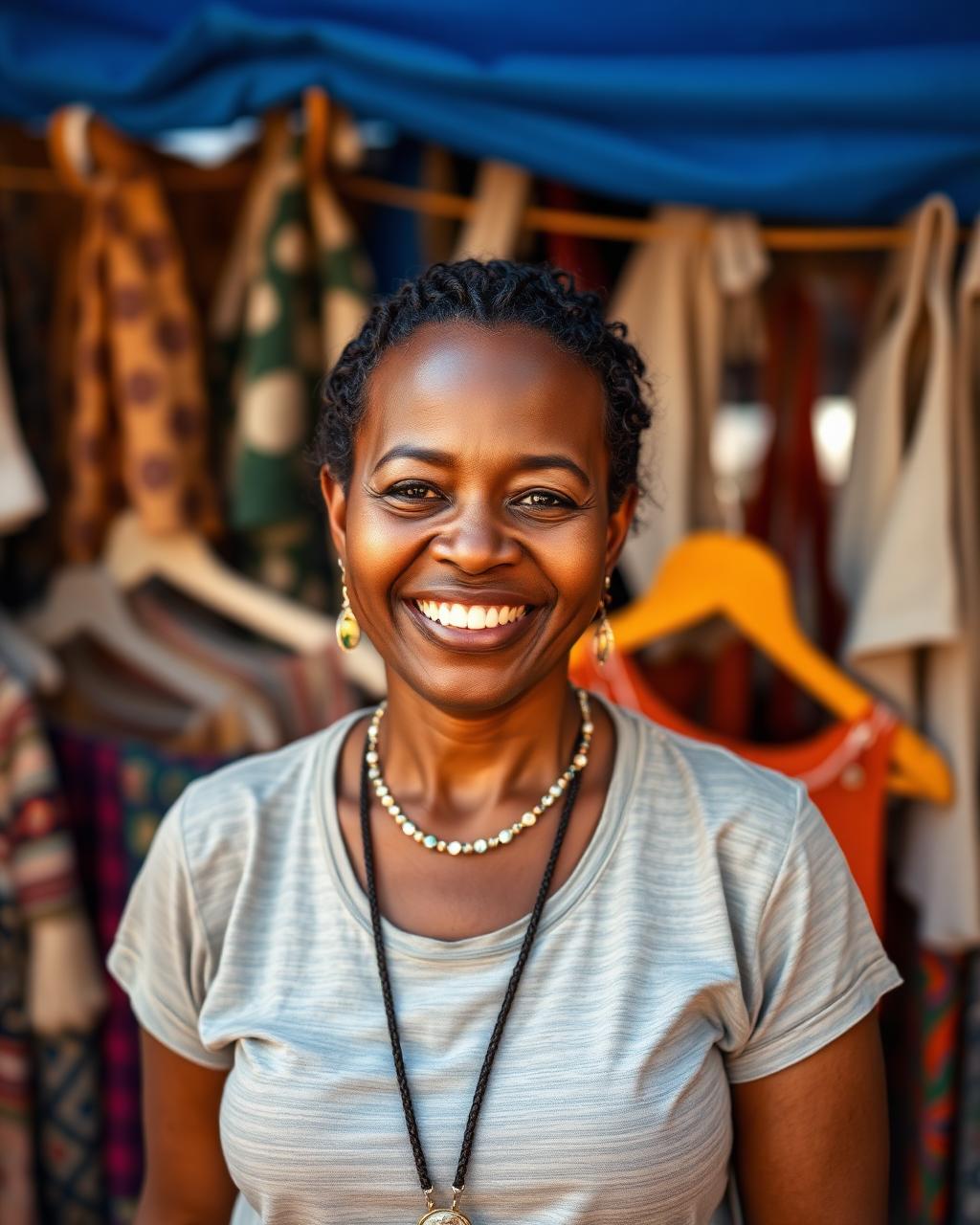 Vendedora sorrindo na sua barraca de roupas na feira